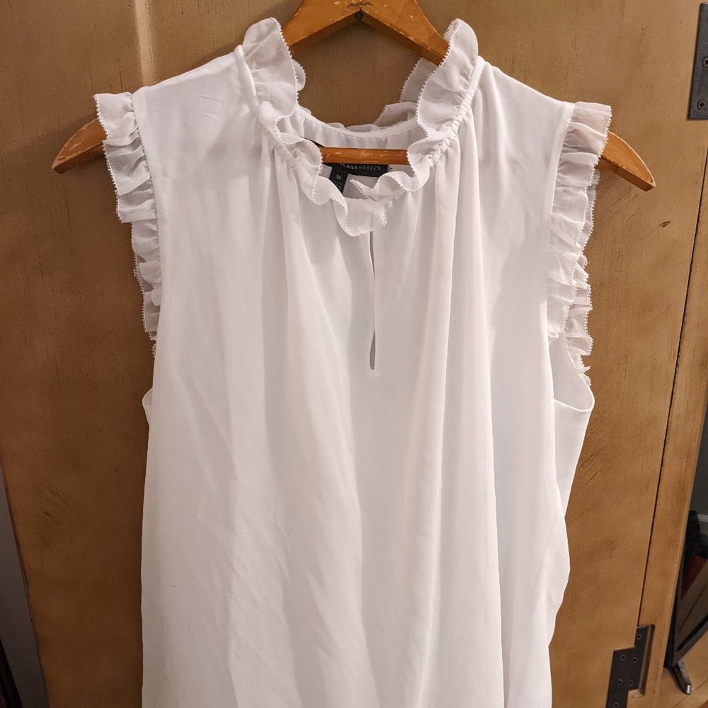 WHITE HOUSE BLACK MARKET Flowy White Work Blouse w/ Ruffle Collar & Sleeves